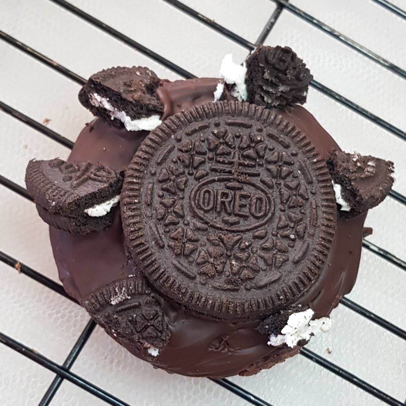 Vegan brownie bronut with Oreo topping