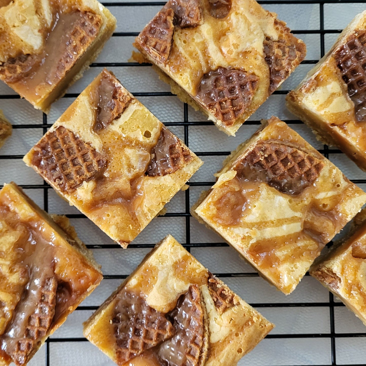 blondie slab with salted  caramel sauce and caramel waffles